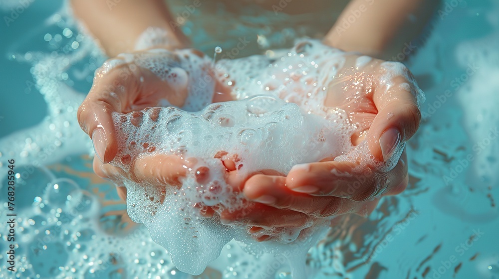 On a light blue background, hands are bathed in soap foam On a light blue background, hands are bathed in soap foam