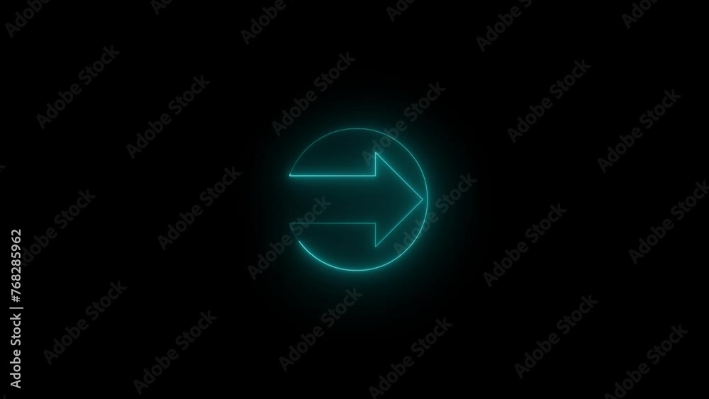 Neon glowing cyan color circle arrow direction right icon animation black background Neon glowing cyan color circle arrow direction right icon animation black background
