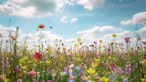 Happy sunny wildflower Bloom meadow field background created with Generative AI Technology