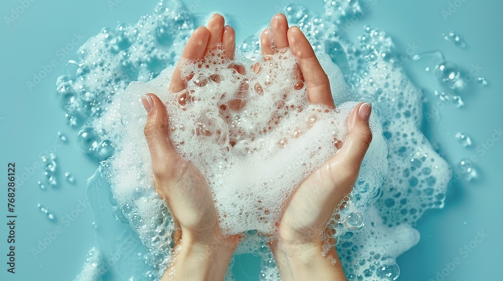 On a light blue background, hands are bathed in soap foam On a light blue background, hands are bathed in soap foam
