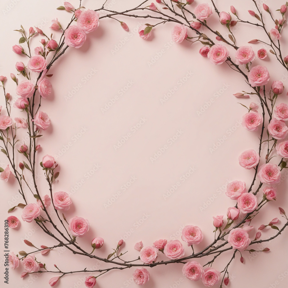 Circle made of pink flowers and branches copy space background Circle made of pink flowers and branches copy space background