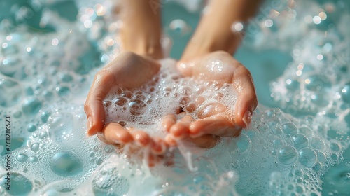 On a light blue background, hands are bathed in soap foam