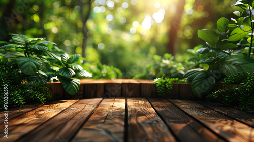 A long wooden walkway amidst lush green vegetation and vibrant foliage with sunlight filtering through photo