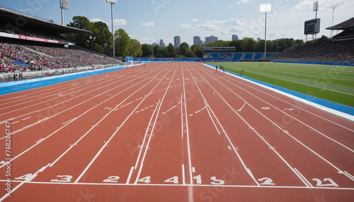 Empty athletic running tracks in a stadium filled with spectators
