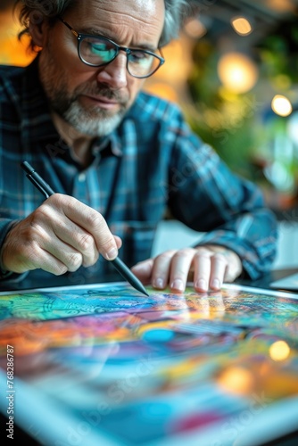 A graphic designer working on a digital tablet