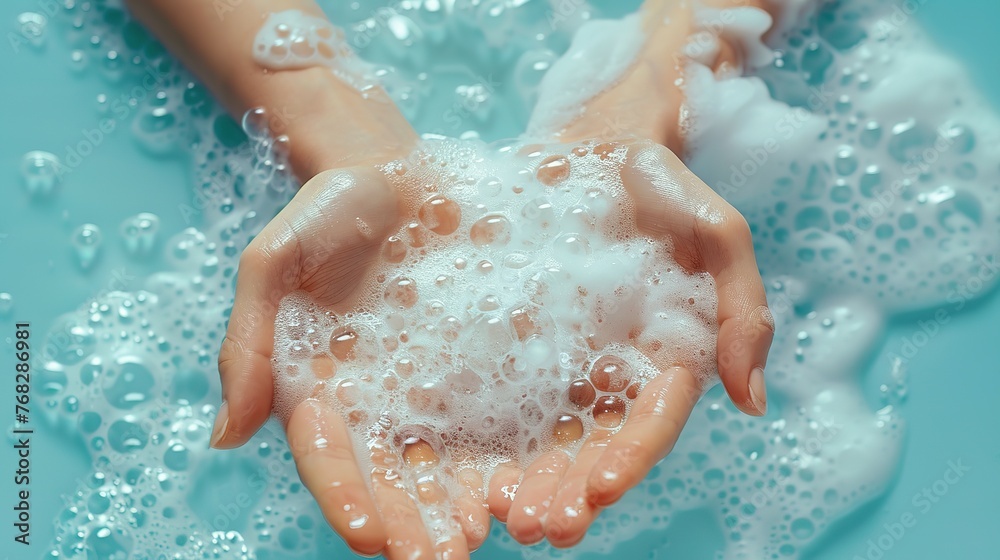 Fototapeta premium On a light blue background, hands are bathed in soap foam