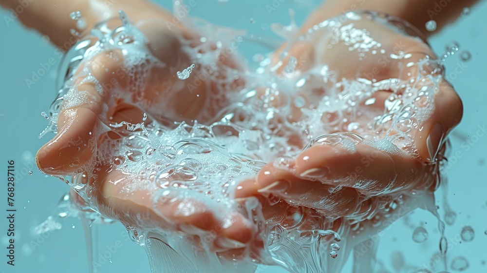 Fototapeta premium On a light blue background, hands are bathed in soap foam