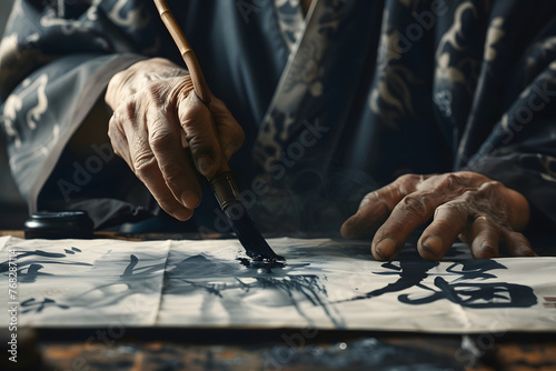 a calligrapher's hands gracefully wielding a brush to create elegant strokes of ink on paper, each character a testament to patience and practice