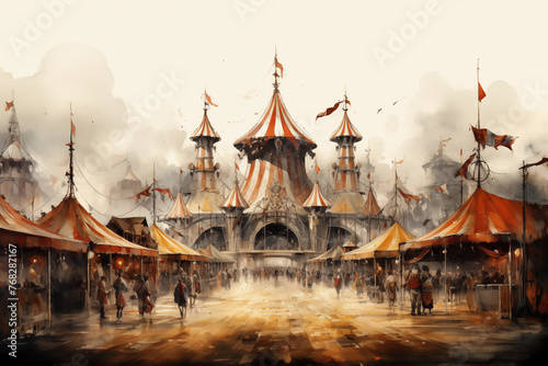 Artistic watercolor painting of a bustling carnival with lively atmosphere © bluebeat76