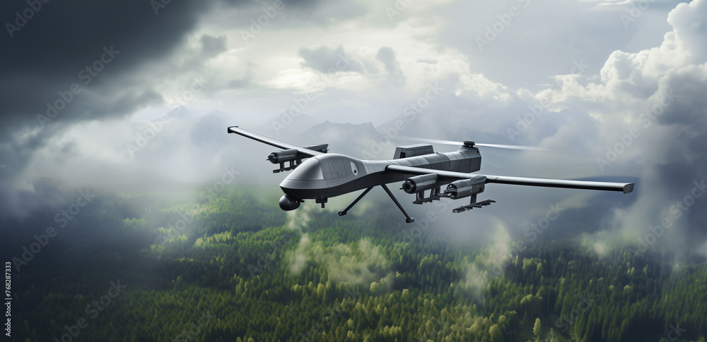 Unmanned military drone on patrol air territory Unmanned military drone on patrol air territory