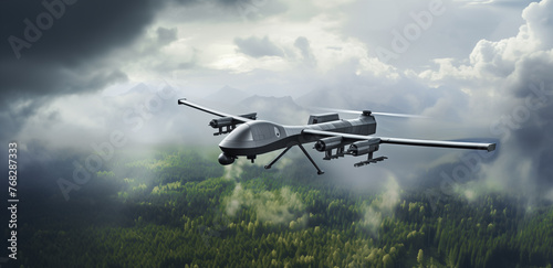 Unmanned military drone on patrol air territory