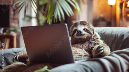 A relaxed sloth lays on a sofa, an amusing representation of people working remotely with a blurred face to focus on the concept