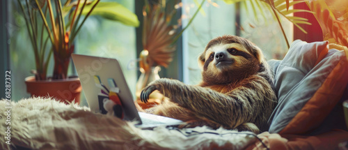 A sloth lies on a couch using a digital tablet, symbolizing slow-paced tech engagement in a warm indoor setting photo