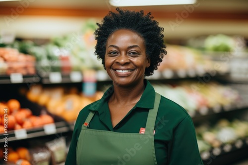 Portrait of a smiling middle aged female grocery store worker © CojanAI