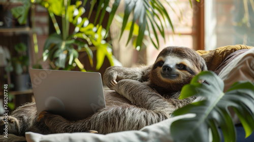 A lifelike sloth casually reclines while using a laptop, bathed in warm natural light indoors