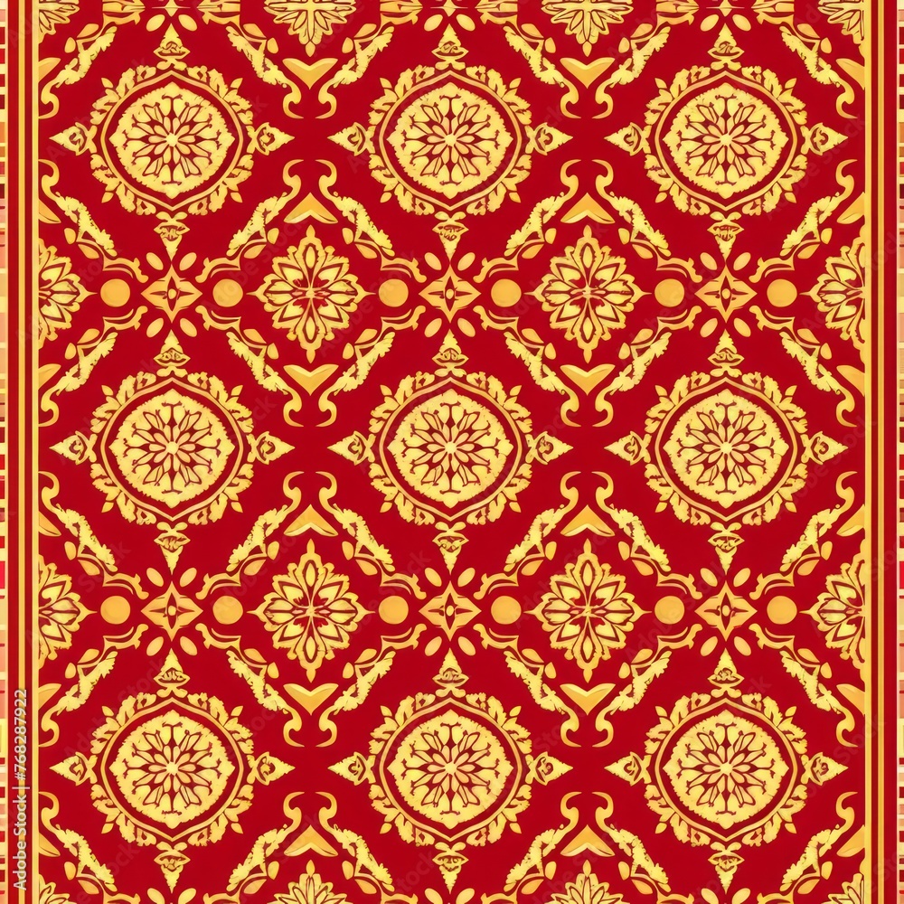 Thai Kranok pattern, This image features a red and gold ornate pattern with circular shapes and floral motifs. The background is a deep red, and the pattern is in gold. tile