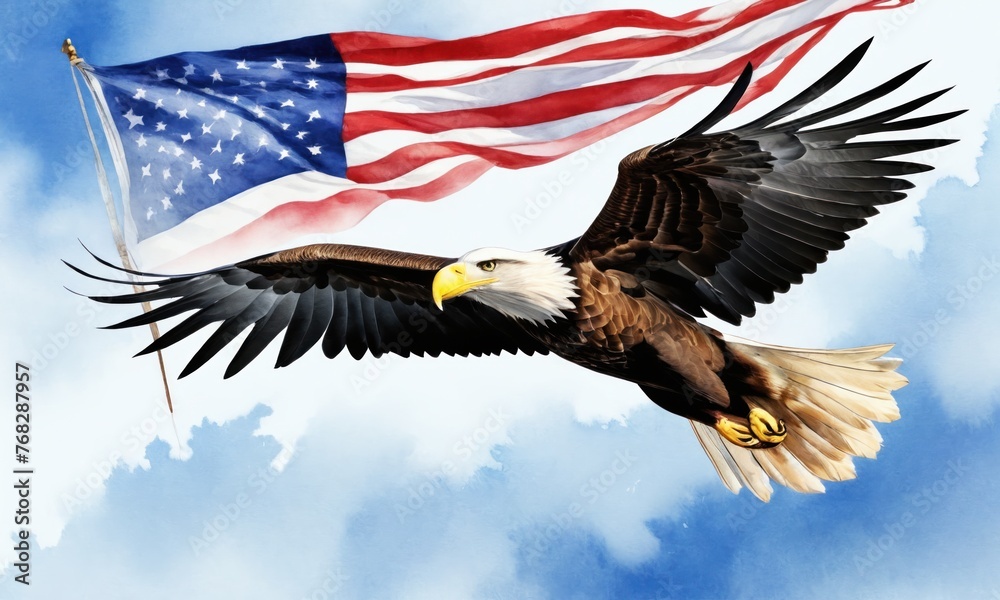 Obraz premium Symbol associated with the country USA, America. Majestic bald eagle soaring high above the American landscape, symbolizing the country's freedom, strength, and unwavering resolve.