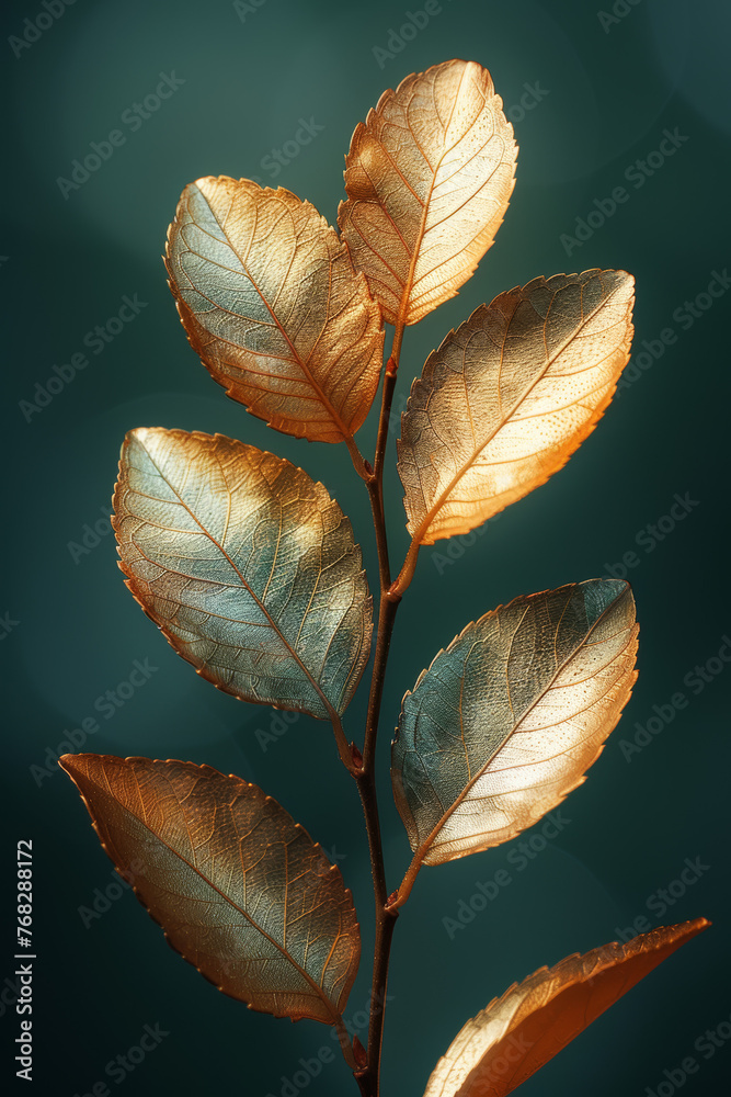 Close-up of delicate leaves radiating with a golden glow illuminated by a gentle light, emphasizing intricate vein patterns