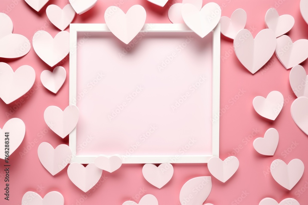 Valentine's Day concept with paper hearts and a pink frame on a pastel pink background.