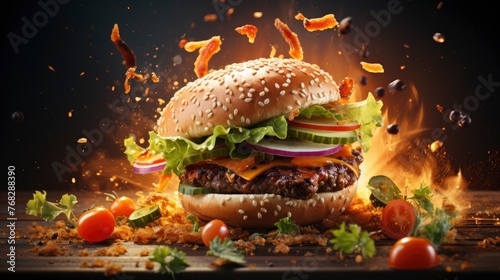 burger floating in the air, cinematic, food professional photography, studio lighting, modern restaurant background, michellin star, splash fire - generative ai photo