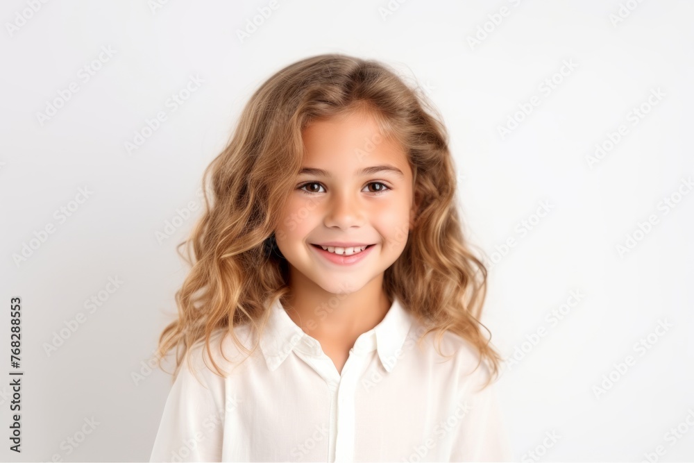 Portrait of a cute little girl with long blond curly hair on a white background Portrait of a cute little girl with long blond curly hair on a white background