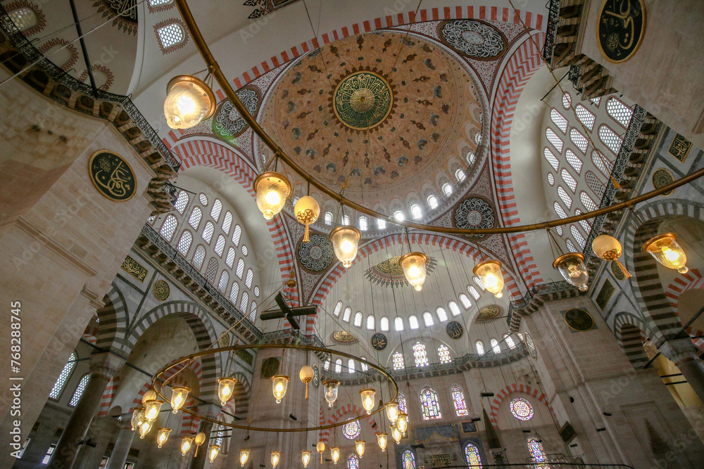Interiors of the Süleymaniye Mosque in the city of Istanbul, Turkey