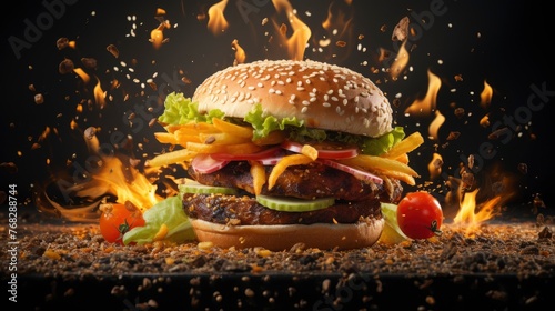 burger floating in the air, cinematic, food professional photography, studio lighting, modern restaurant background, michellin star, splash fire - generative ai photo