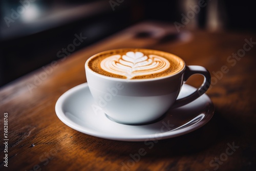 Latte art in a white coffee cup on wooden table