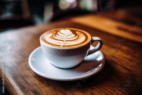 Latte art in a white coffee cup on wooden table