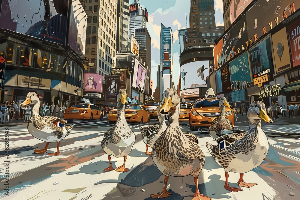 A group of ducks is seen walking across a city street. The ducks are moving together as they navigate through the urban environment, drawing attention from passersby - obrazy, fototapety, plakaty 