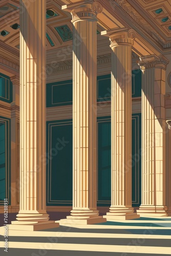 A detailed drawing of a grand neoclassical government building with towering columns and a prominent clock on its facade. The intricate architectural details are highlighted in the artwork