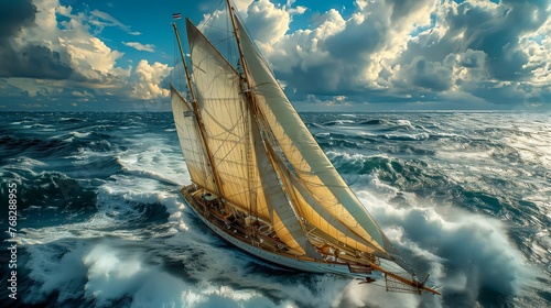 Classic sailboat heaves through turbulent ocean waves, a dramatic representation of resilience and adventure on the high seas, perfect for storytelling and thematic concepts.