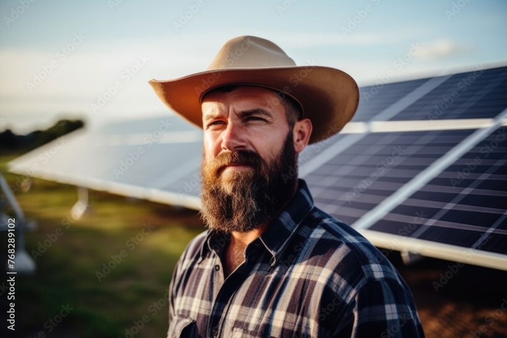 Portrait of a middle aged male engineer at renewable energy farm with solar panels