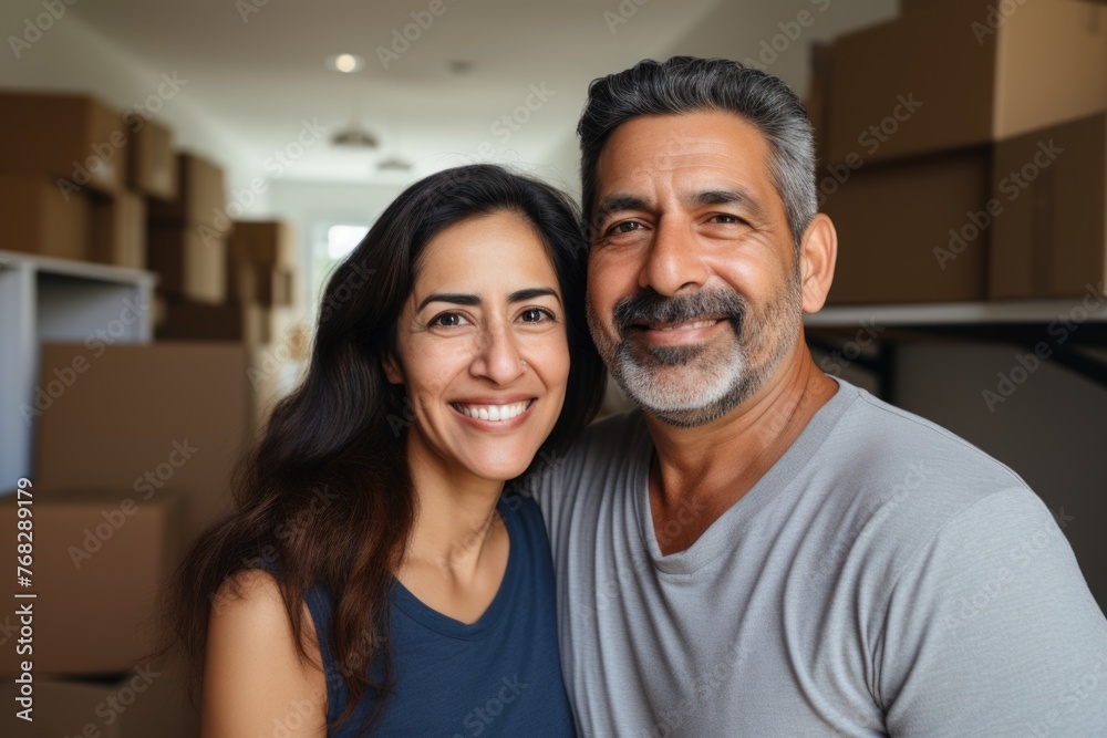 Portrait of a middle aged hispanic couple in empty house