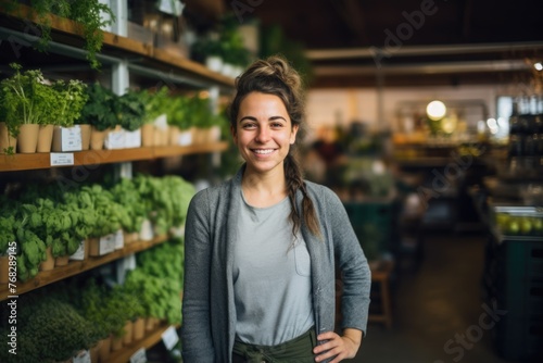 Smiling young female customer in grocery store