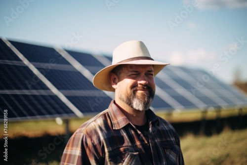 Portrait of a middle aged male engineer at renewable energy farm with solar panels © NikoG