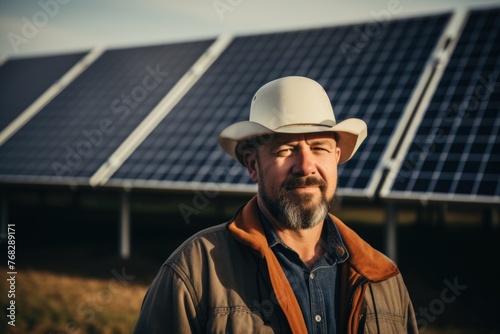 Portrait of a middle aged male engineer at renewable energy farm with solar panels © NikoG