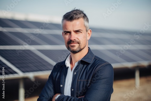 Portrait of a middle aged male engineer at renewable energy farm with solar panels © NikoG