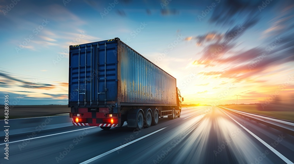 Container truck traveling on a highway with blue sky in the background at sunset