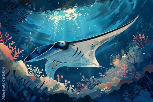 A large manta ray gracefully swims through the ocean depths, its wings elegantly rippling as it navigates the water