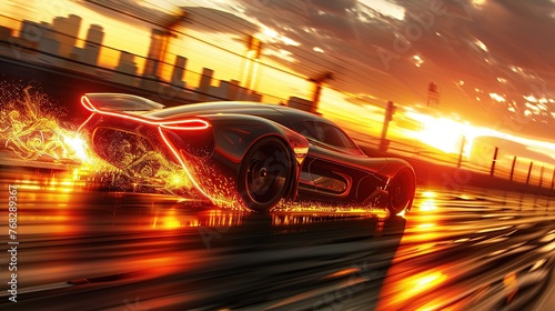 High speed, sports car racing towards city sunset. Futuristic concept. 3d illustration