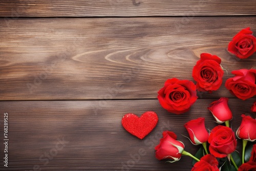 Vibrant red roses and a glittering heart on a rustic wooden table, a classic expression of love.