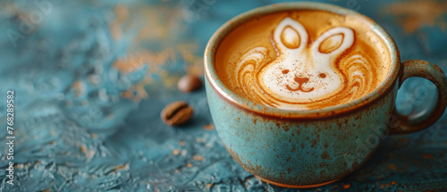 An animated coffee latte art with bunny on a rustic blue background with coffee beans