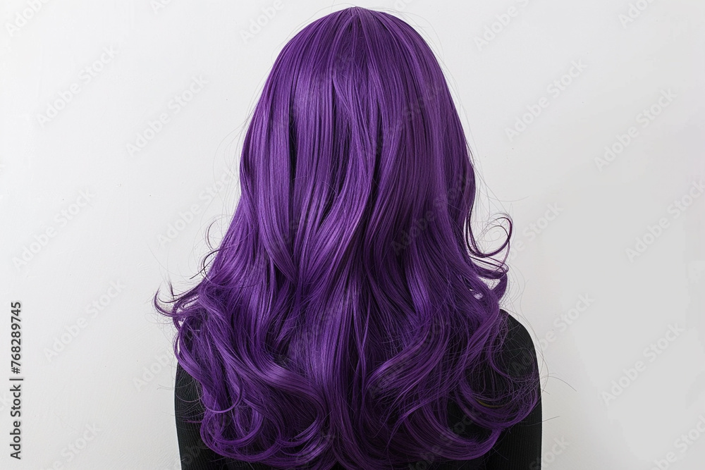 Purple artificial hair wig showcased stylishly from the back on a white background.