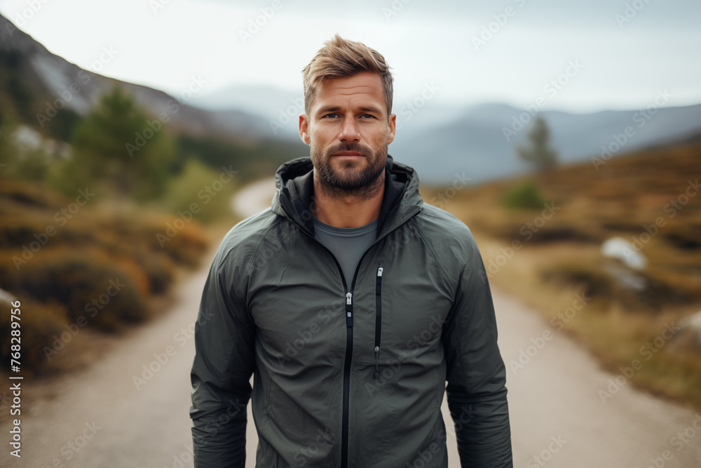 Confident man in outdoor apparel on a rural path, embodying adventure and a rugged lifestyle, moody scenery.