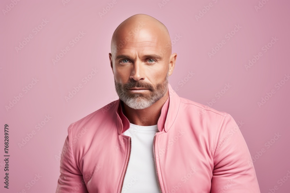 Portrait of a handsome mature man in a pink jacket. Studio shot on a pink background. Portrait of a handsome mature man in a pink jacket. Studio shot on a pink background.