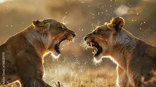 A close-up of two roaring young lions showing their fangs fighting each other