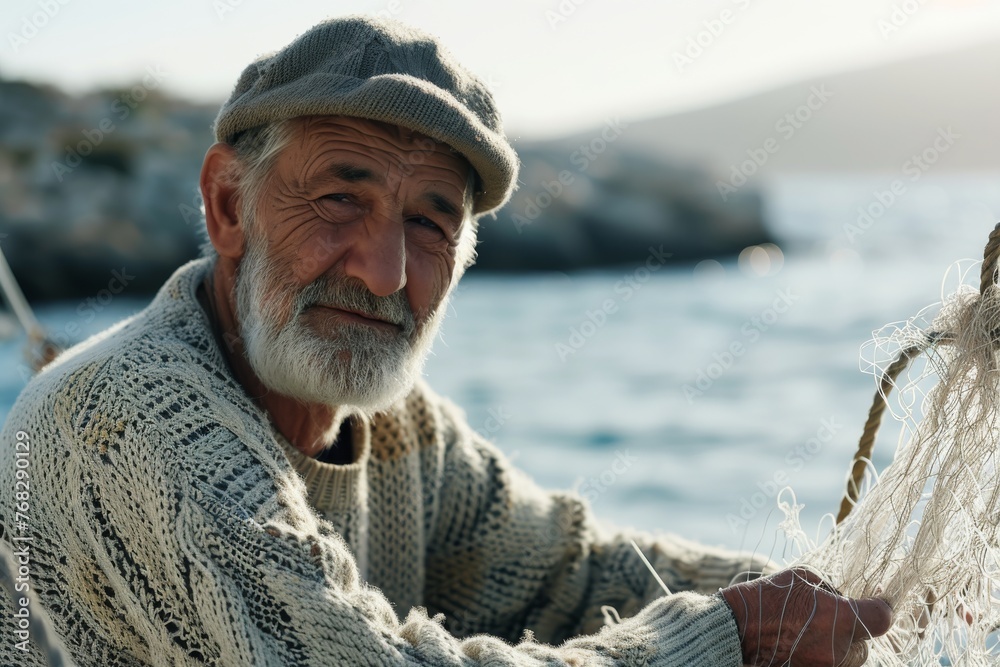 Cheerful elderly fisherman with a twinkle in his eye holds a fishing net near the ocean, embodying a life on the sea Cheerful elderly fisherman with a twinkle in his eye holds a fishing net near the ocean, embodying a life on the sea