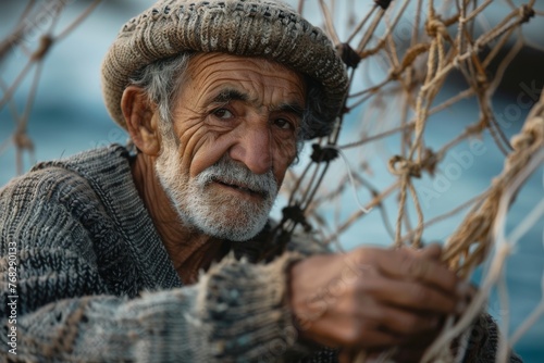 A contemplative elderly man with a beard repairs fishing nets on the shore, his experience and stories etched in his wrinkles
