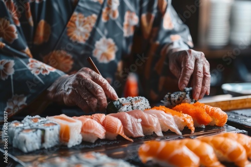 A chef with decades of experience is focused on rolling sushi, showcasing the fine art of Japanese cuisine